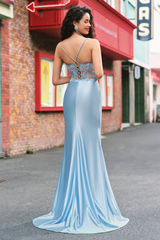 Blue Mermaid Spaghetti Straps Appliqued Long Prom Dress with Slit