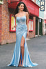 Load image into Gallery viewer, Blue Mermaid Spaghetti Straps Appliqued Long Prom Dress with Slit