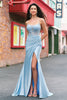 Load image into Gallery viewer, Blue Mermaid Spaghetti Straps Appliqued Long Prom Dress with Slit