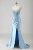 Load image into Gallery viewer, Blue Mermaid Corset Spaghetti Straps Appliqued Long Prom Dress