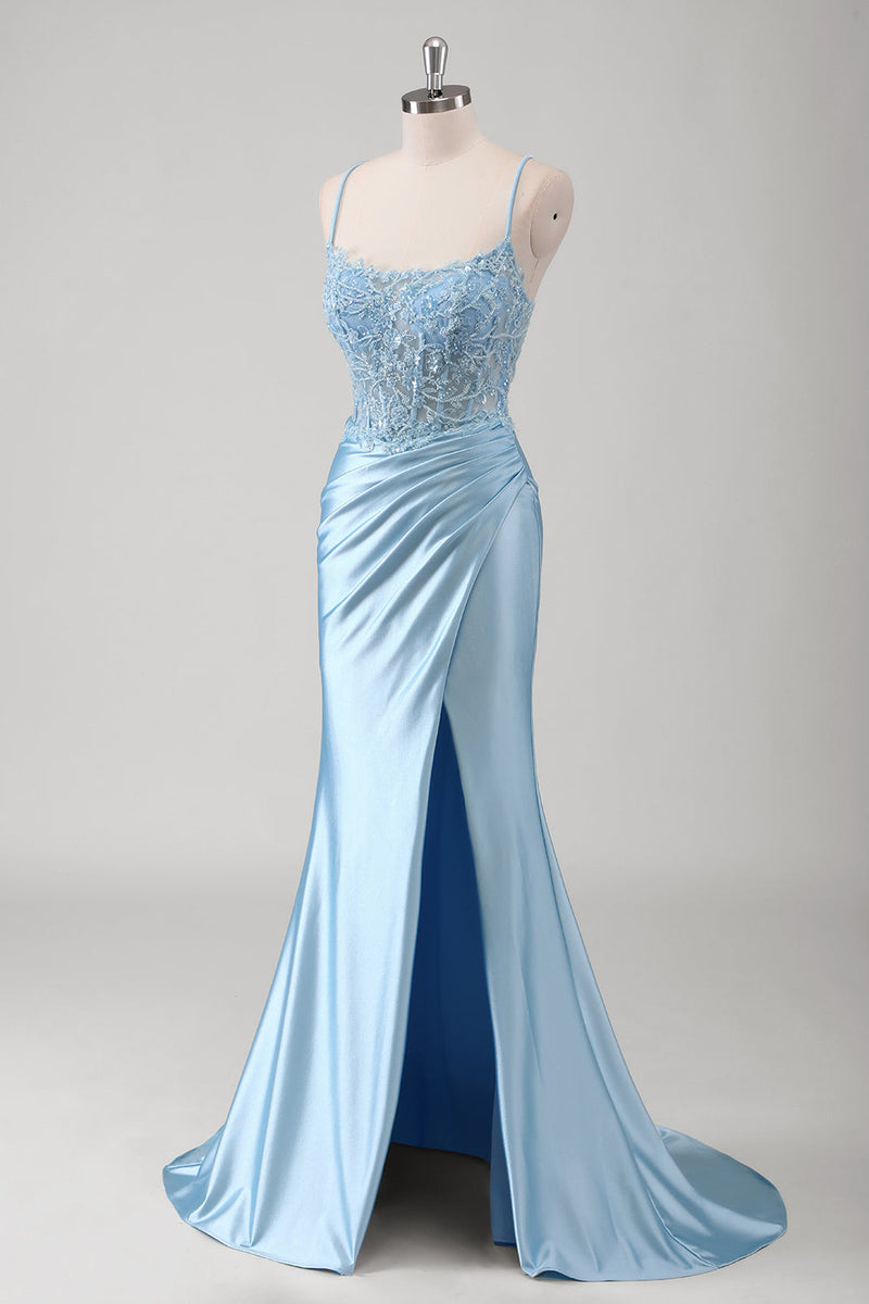 Load image into Gallery viewer, Blue Mermaid Corset Spaghetti Straps Appliqued Long Prom Dress