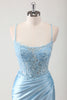 Load image into Gallery viewer, Blue Mermaid Corset Spaghetti Straps Appliqued Long Prom Dress