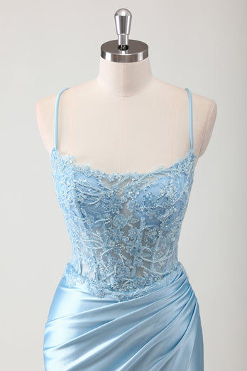 Blue Mermaid Corset Spaghetti Straps Appliqued Long Prom Dress