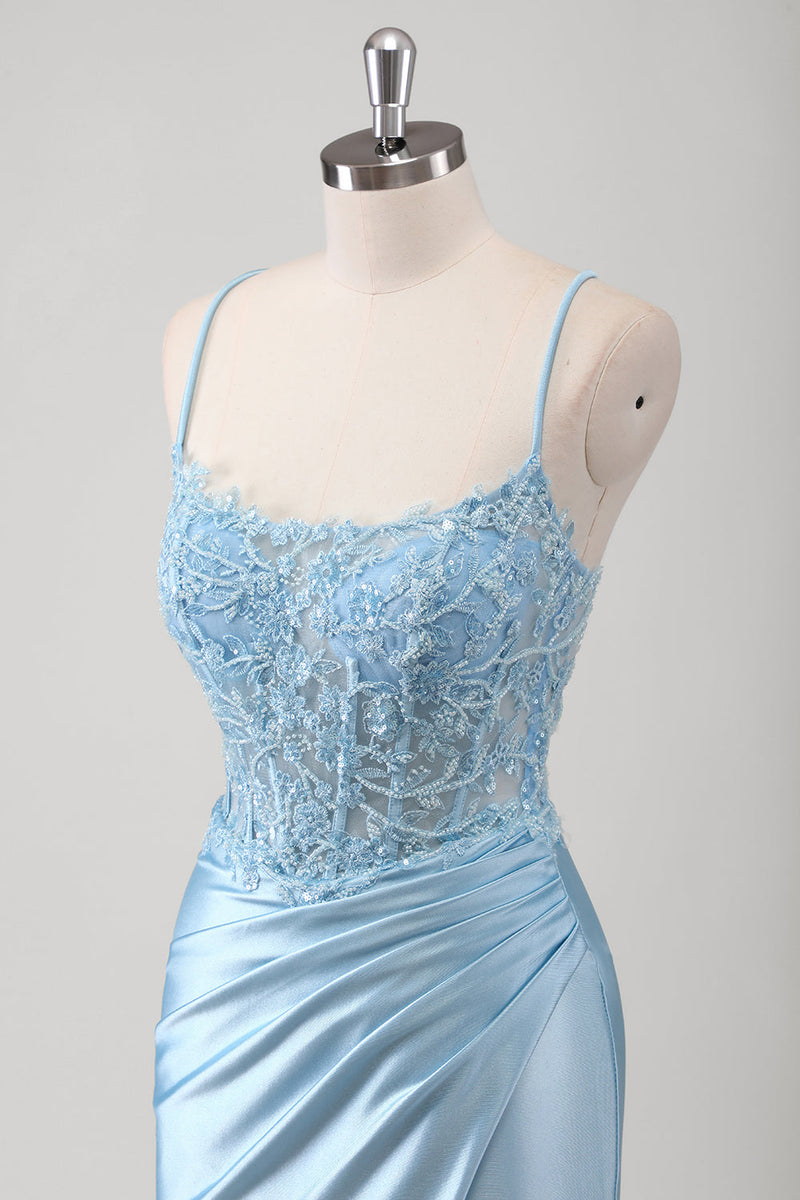 Load image into Gallery viewer, Blue Mermaid Corset Spaghetti Straps Appliqued Long Prom Dress