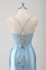 Load image into Gallery viewer, Blue Mermaid Corset Spaghetti Straps Appliqued Long Prom Dress