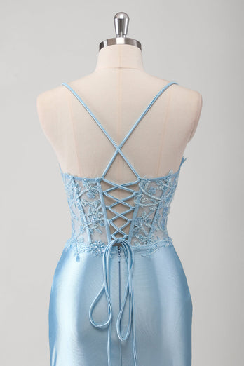 Blue Mermaid Corset Spaghetti Straps Appliqued Long Prom Dress