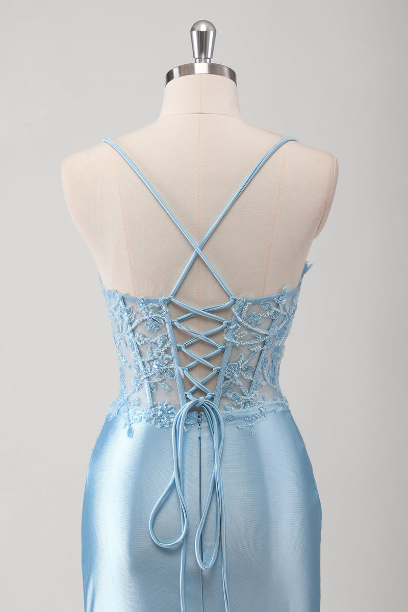 Load image into Gallery viewer, Blue Mermaid Corset Spaghetti Straps Appliqued Long Prom Dress