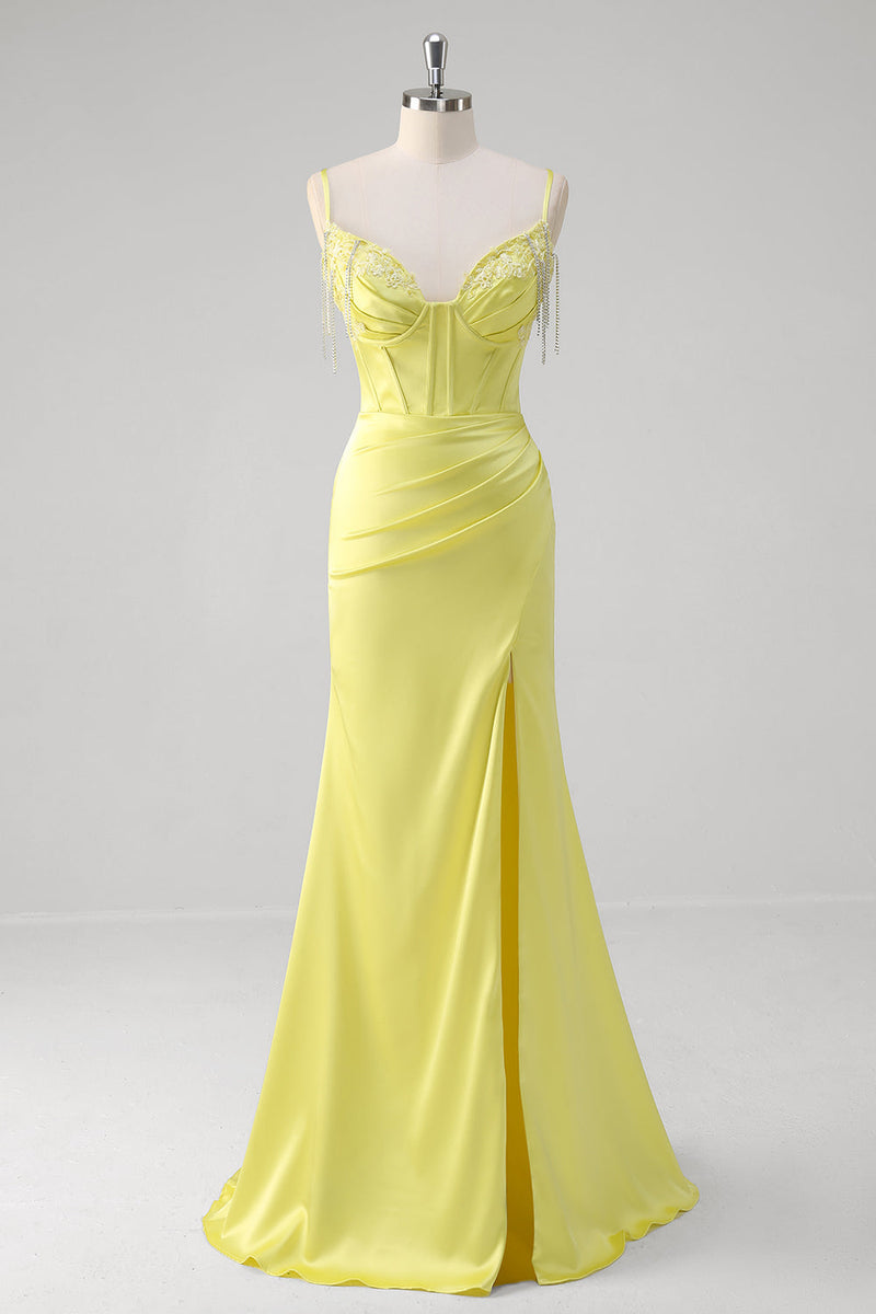 Load image into Gallery viewer, Yellow Mermaid Corset Spaghetti Straps Long Prom Dress With Slit