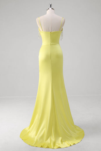 Yellow Mermaid Corset Spaghetti Straps Long Prom Dress With Slit