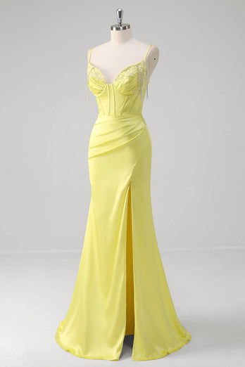 Yellow Mermaid Corset Spaghetti Straps Long Prom Dress With Slit