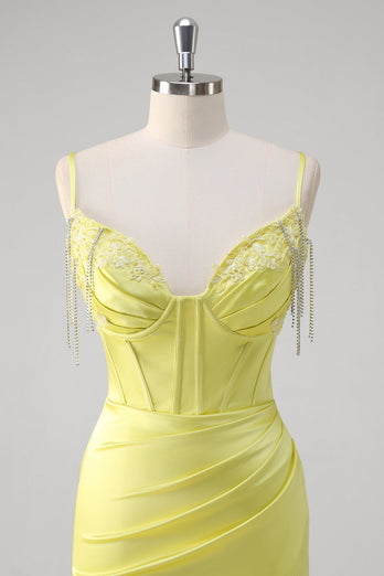 Yellow Mermaid Corset Spaghetti Straps Long Prom Dress With Slit