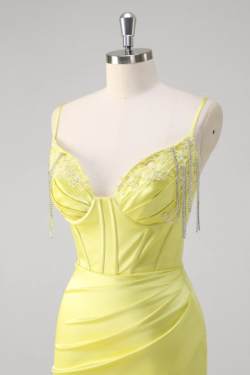 Load image into Gallery viewer, Yellow Mermaid Corset Spaghetti Straps Long Prom Dress With Slit