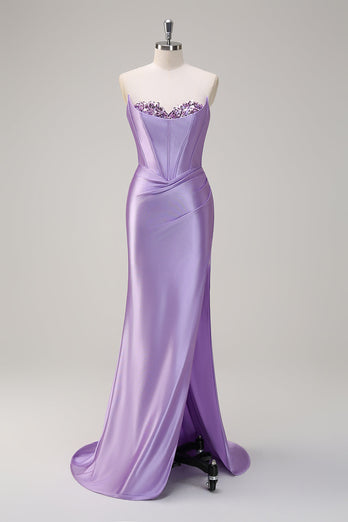 Lilac Mermaid Strapless Corset Sequin Satin Long Prom Dress with Slit