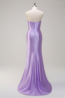 Lilac Mermaid Strapless Corset Sequin Satin Long Prom Dress with Slit