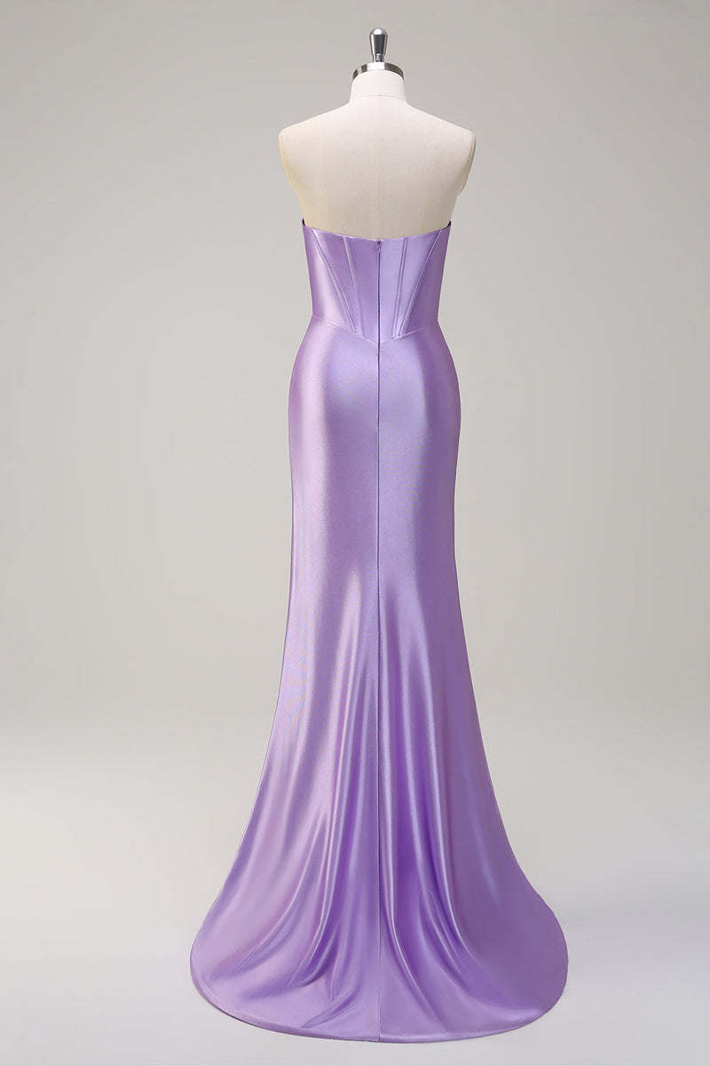 Load image into Gallery viewer, Lilac Mermaid Strapless Corset Sequin Satin Long Prom Dress with Slit