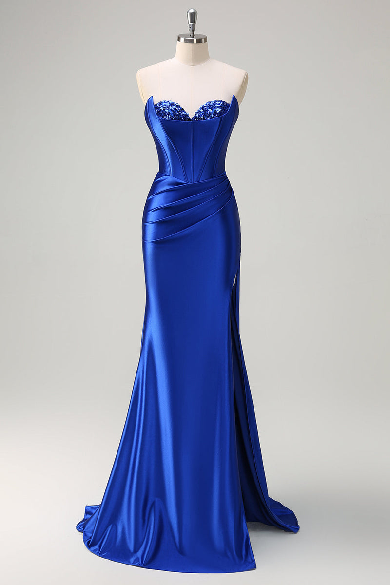 Load image into Gallery viewer, Royal Blue Mermaid Strapless Corset Sequin Ruched Long Prom Dress with Slit