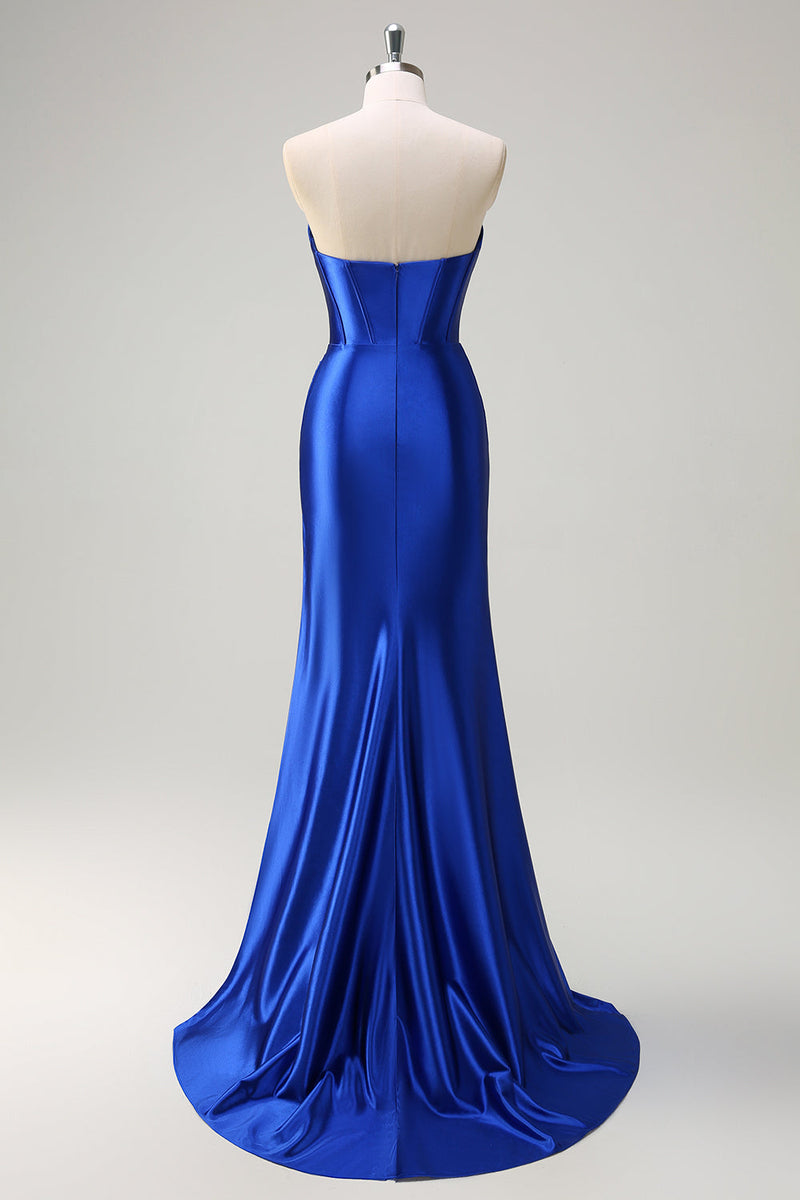 Load image into Gallery viewer, Royal Blue Mermaid Strapless Corset Sequin Ruched Long Prom Dress with Slit