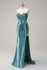 Load image into Gallery viewer, Grey Green Mermaid Sequin Strapless Corset Satin Prom Dress with Slit