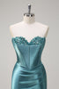 Load image into Gallery viewer, Grey Green Mermaid Sequin Strapless Corset Satin Prom Dress with Slit