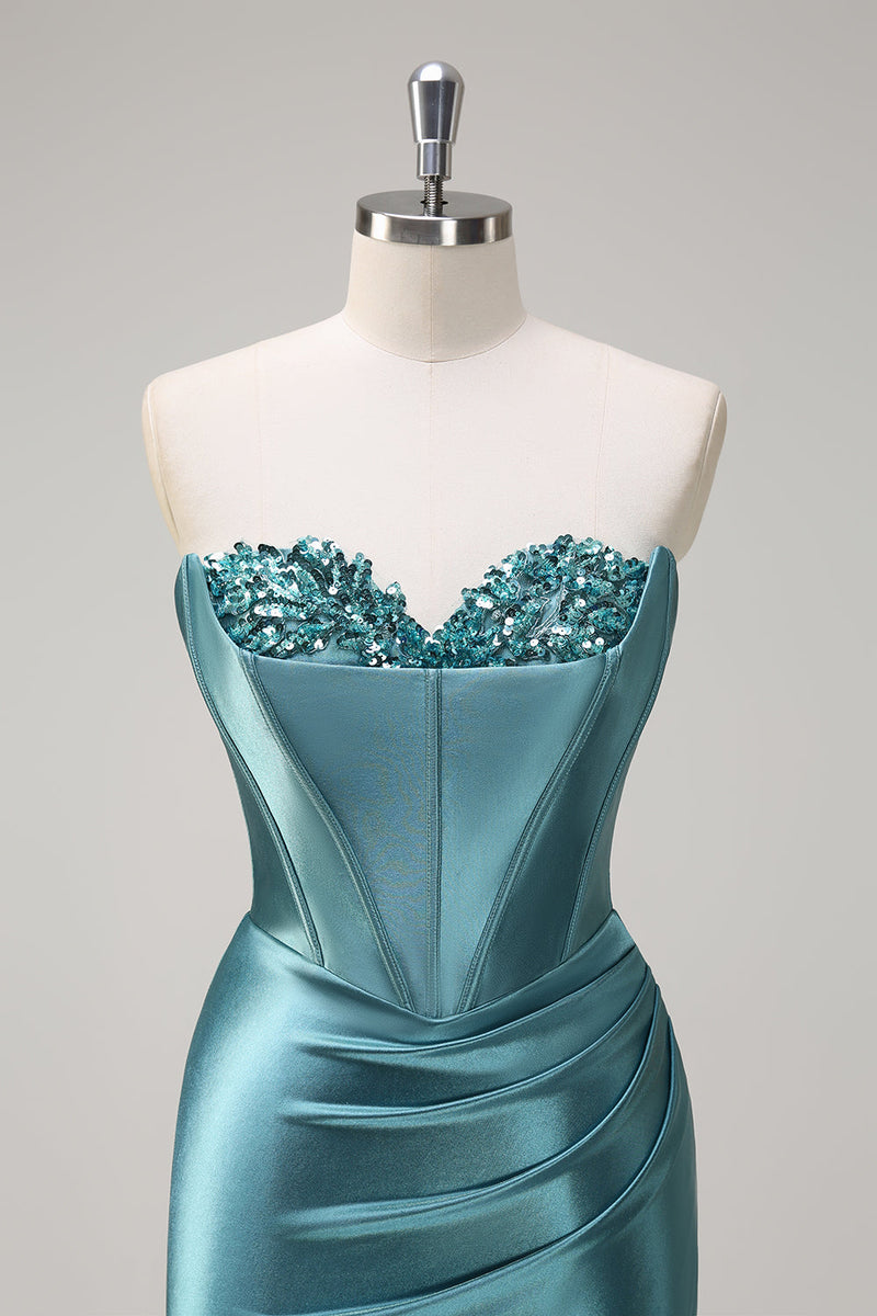 Load image into Gallery viewer, Grey Green Mermaid Sequin Strapless Corset Satin Prom Dress with Slit