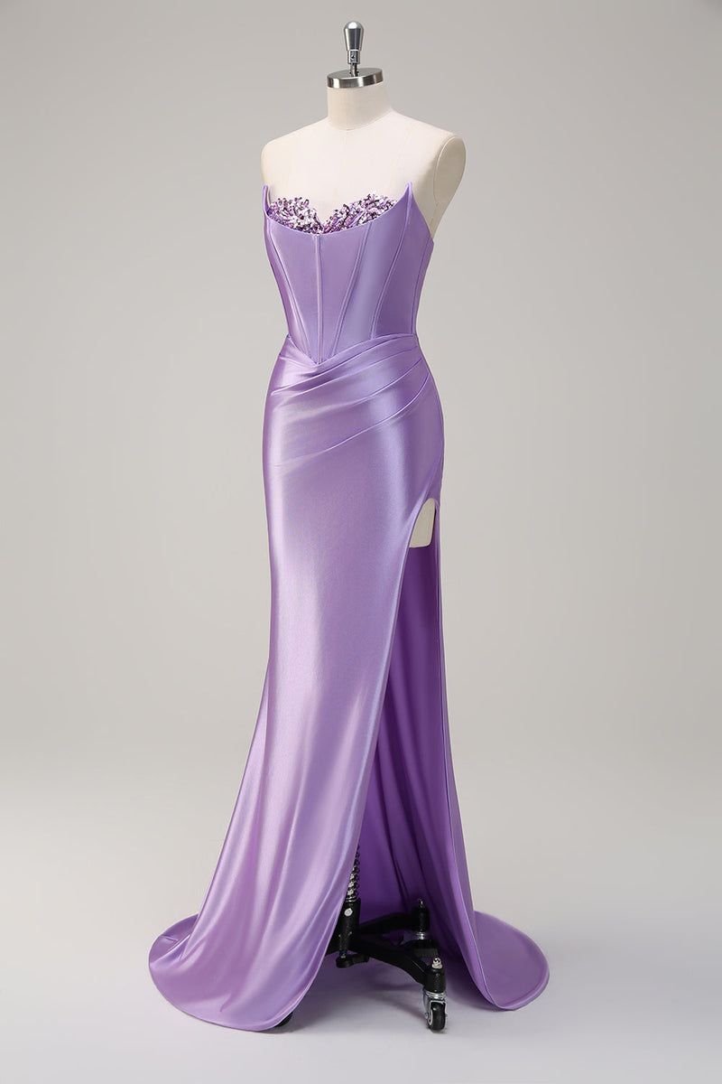 Load image into Gallery viewer, Lilac Mermaid Strapless Corset Sequin Satin Long Prom Dress with Slit