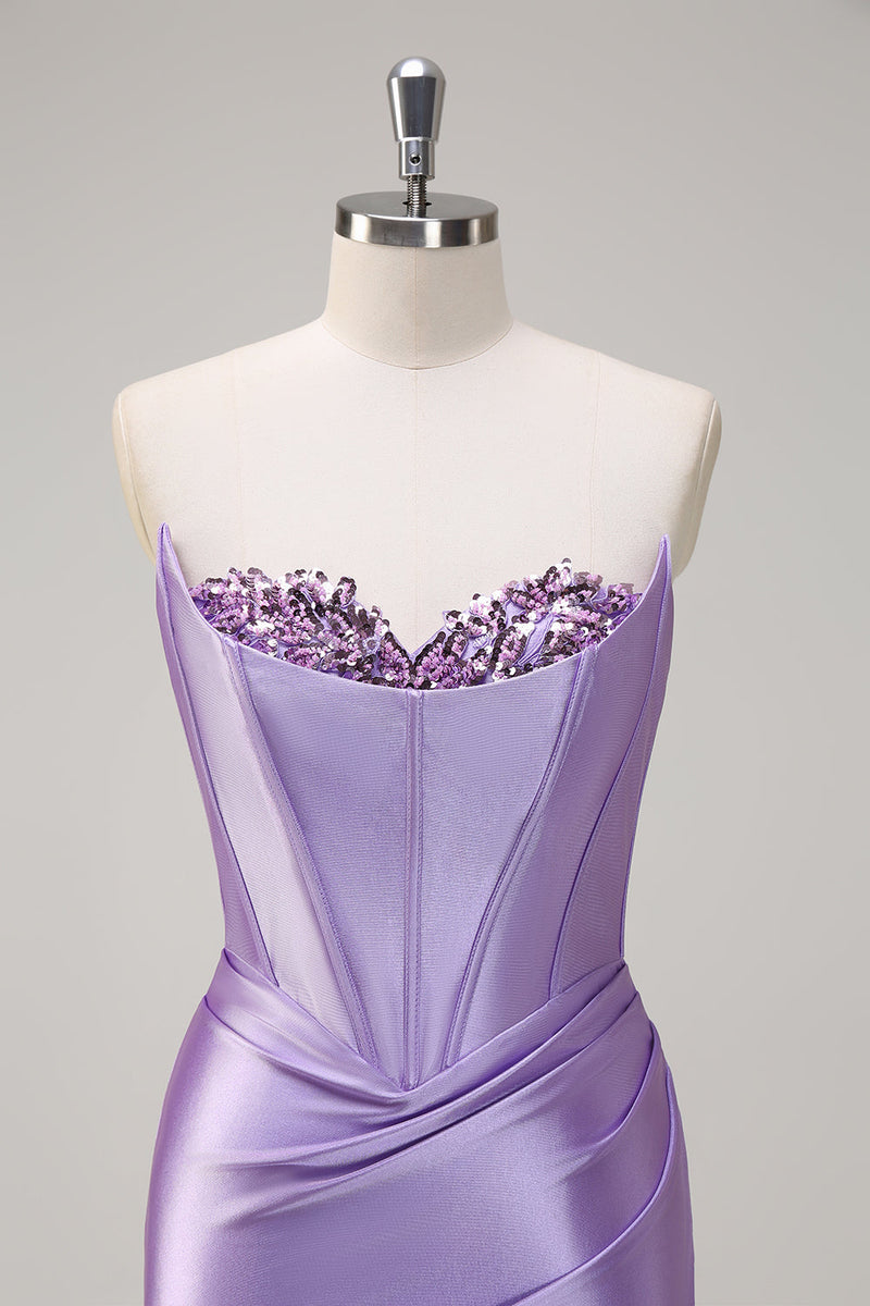 Load image into Gallery viewer, Lilac Mermaid Strapless Corset Sequin Satin Long Prom Dress with Slit