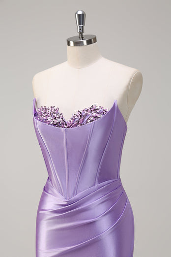 Lilac Mermaid Strapless Corset Sequin Satin Long Prom Dress with Slit