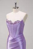 Lilac Mermaid Strapless Corset Sequin Satin Long Prom Dress with Slit