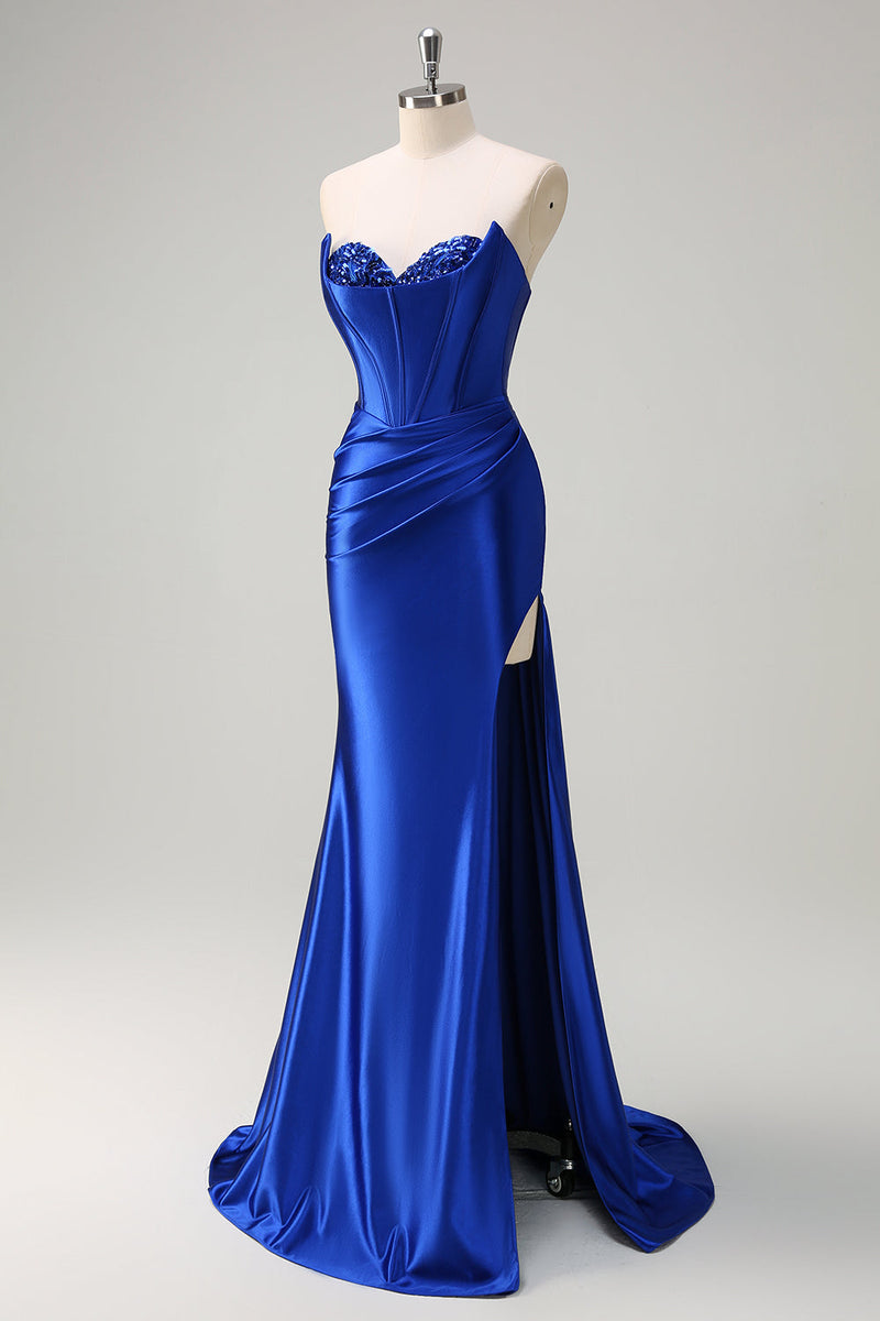 Load image into Gallery viewer, Royal Blue Mermaid Strapless Corset Sequin Ruched Long Prom Dress with Slit