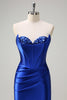 Load image into Gallery viewer, Royal Blue Mermaid Strapless Corset Sequin Ruched Long Prom Dress with Slit