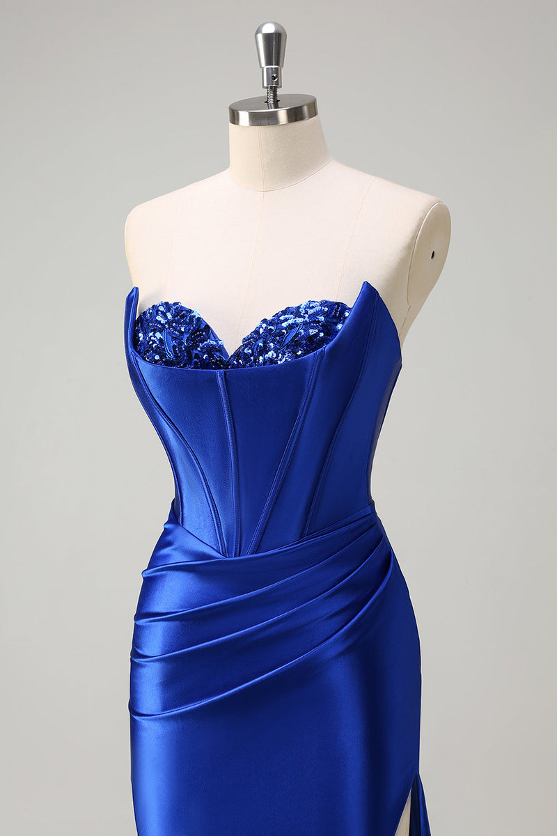 Load image into Gallery viewer, Royal Blue Mermaid Strapless Corset Sequin Ruched Long Prom Dress with Slit