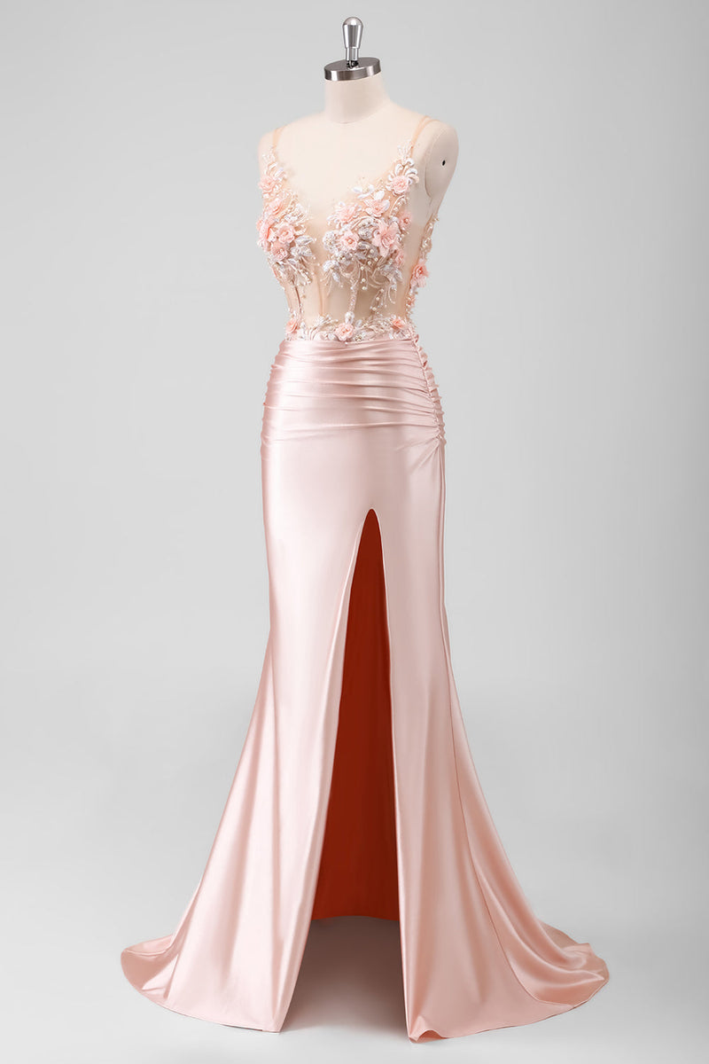 Load image into Gallery viewer, Mermaid Peach Floral Corset Long Prom Dress with Slit