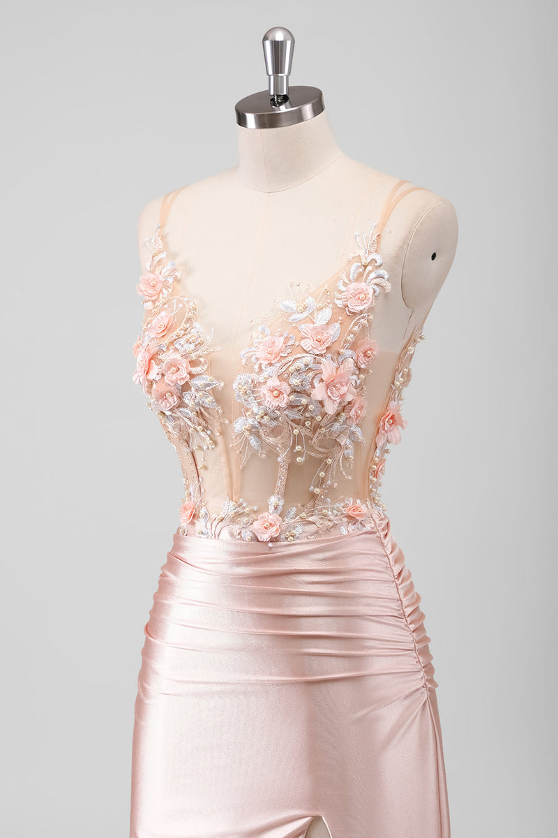 Load image into Gallery viewer, Mermaid Peach Floral Corset Long Prom Dress with Slit