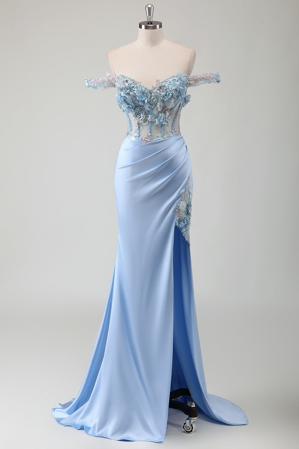 Sky Blue Mermaid Off The Shoulder Corset Long Prom Dress With Slit