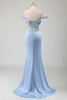 Load image into Gallery viewer, Sky Blue Mermaid Off The Shoulder Corset Long Prom Dress With Slit