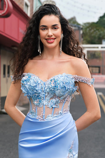 Mermaid Sky Blue Off The Shoulder Corset Long Prom Dress With Slit