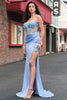 Load image into Gallery viewer, Mermaid Sky Blue Off The Shoulder Corset Long Prom Dress With Slit