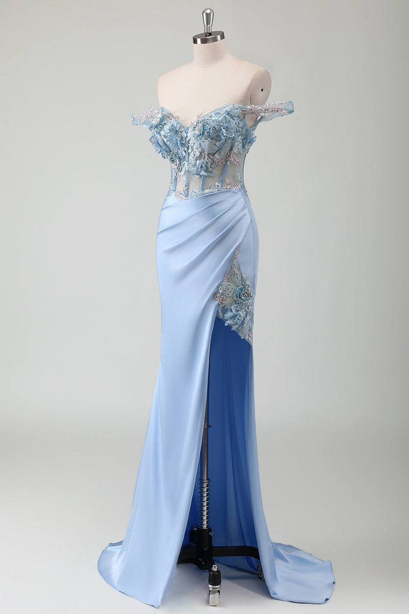 Load image into Gallery viewer, Sky Blue Mermaid Off The Shoulder Corset Long Prom Dress With Slit