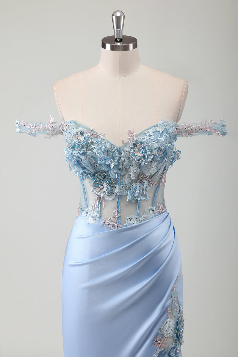 Load image into Gallery viewer, Sky Blue Mermaid Off The Shoulder Corset Long Prom Dress With Slit