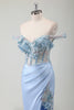 Load image into Gallery viewer, Sky Blue Mermaid Off The Shoulder Corset Long Prom Dress With Slit