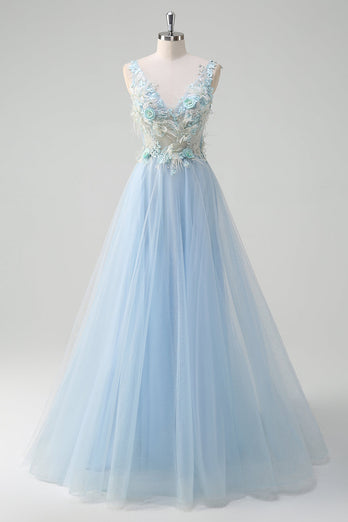 Light Blue Deep V-Neck Tulle A-Line Long Prom Dress with 3D Flowers