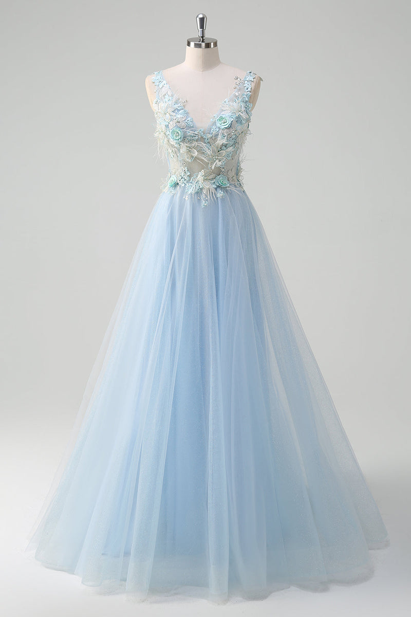 Load image into Gallery viewer, Light Blue Deep V-Neck Tulle A-Line Long Prom Dress with 3D Flowers