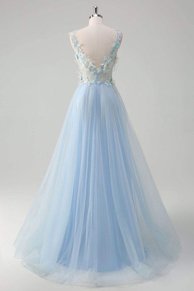 Load image into Gallery viewer, Light Blue Deep V-Neck Tulle A-Line Long Prom Dress with 3D Flowers