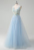 Load image into Gallery viewer, Light Blue Deep V-Neck Tulle A-Line Long Prom Dress with 3D Flowers