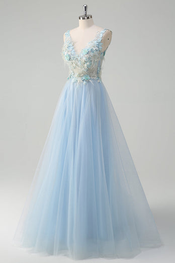 Light Blue Deep V-Neck Tulle A-Line Long Prom Dress with 3D Flowers