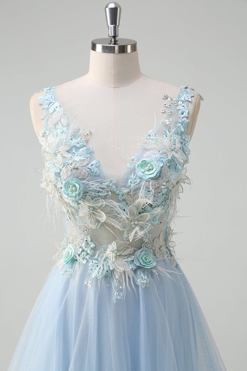 Load image into Gallery viewer, Light Blue Deep V-Neck Tulle A-Line Long Prom Dress with 3D Flowers