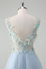 Load image into Gallery viewer, Light Blue Deep V-Neck Tulle A-Line Long Prom Dress with 3D Flowers