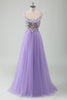 Load image into Gallery viewer, Glitter Purple Tulle A-Line Spaghetti Straps Open Back Long Prom Dress with Appliques