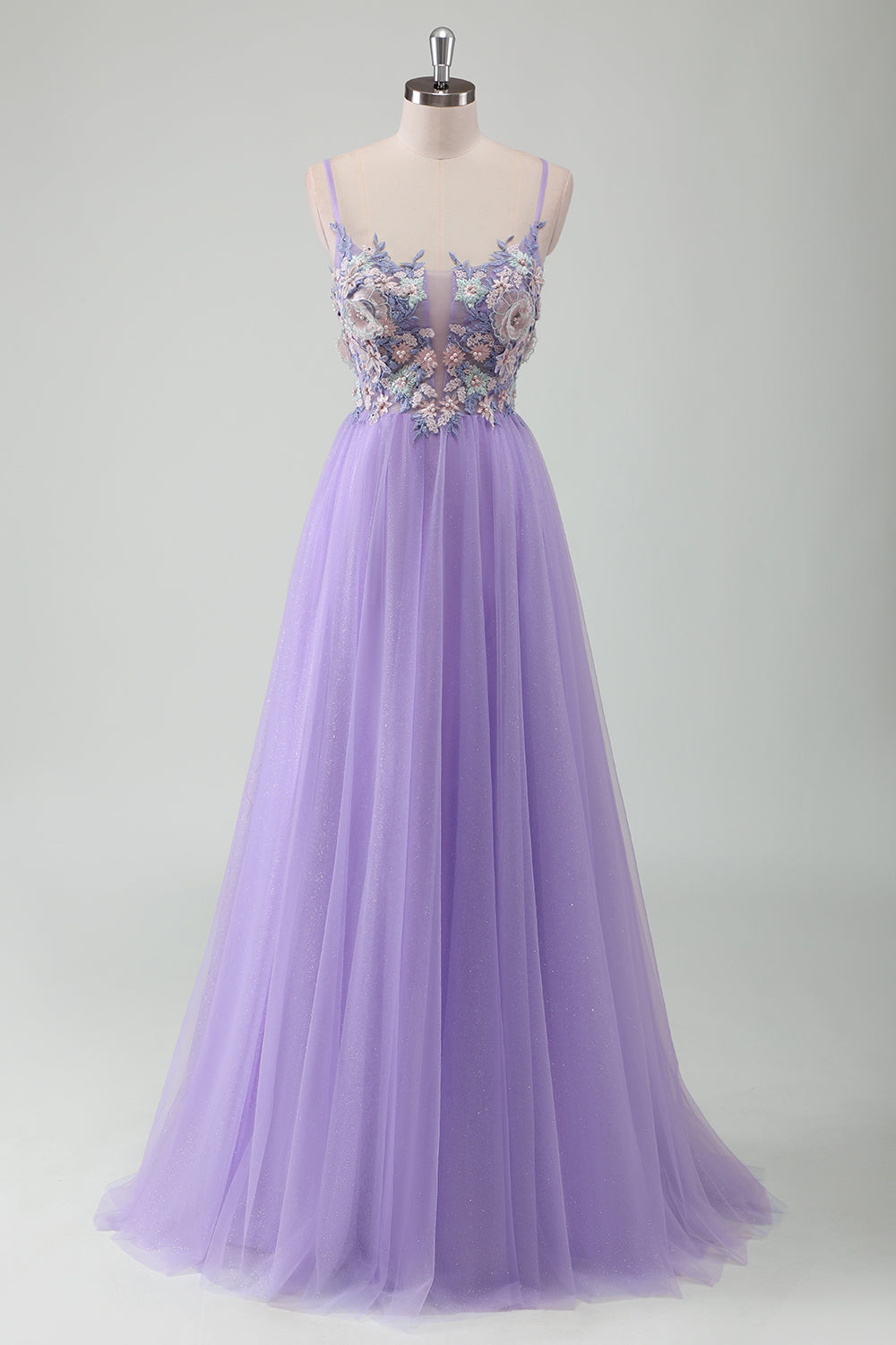 Glitter Purple Tulle A-Line Spaghetti Straps Open Back Long Prom Dress with Appliques