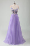 Glitter Purple Tulle A-Line Spaghetti Straps Open Back Long Prom Dress with Appliques